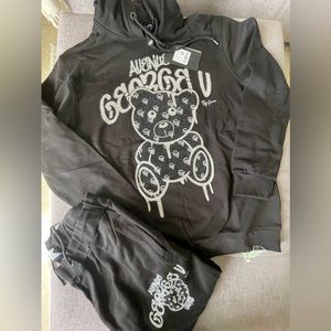 Avenue George V Paris Black Jogging Suit Men's Tracksuit Rhinestone Teddy Bear S